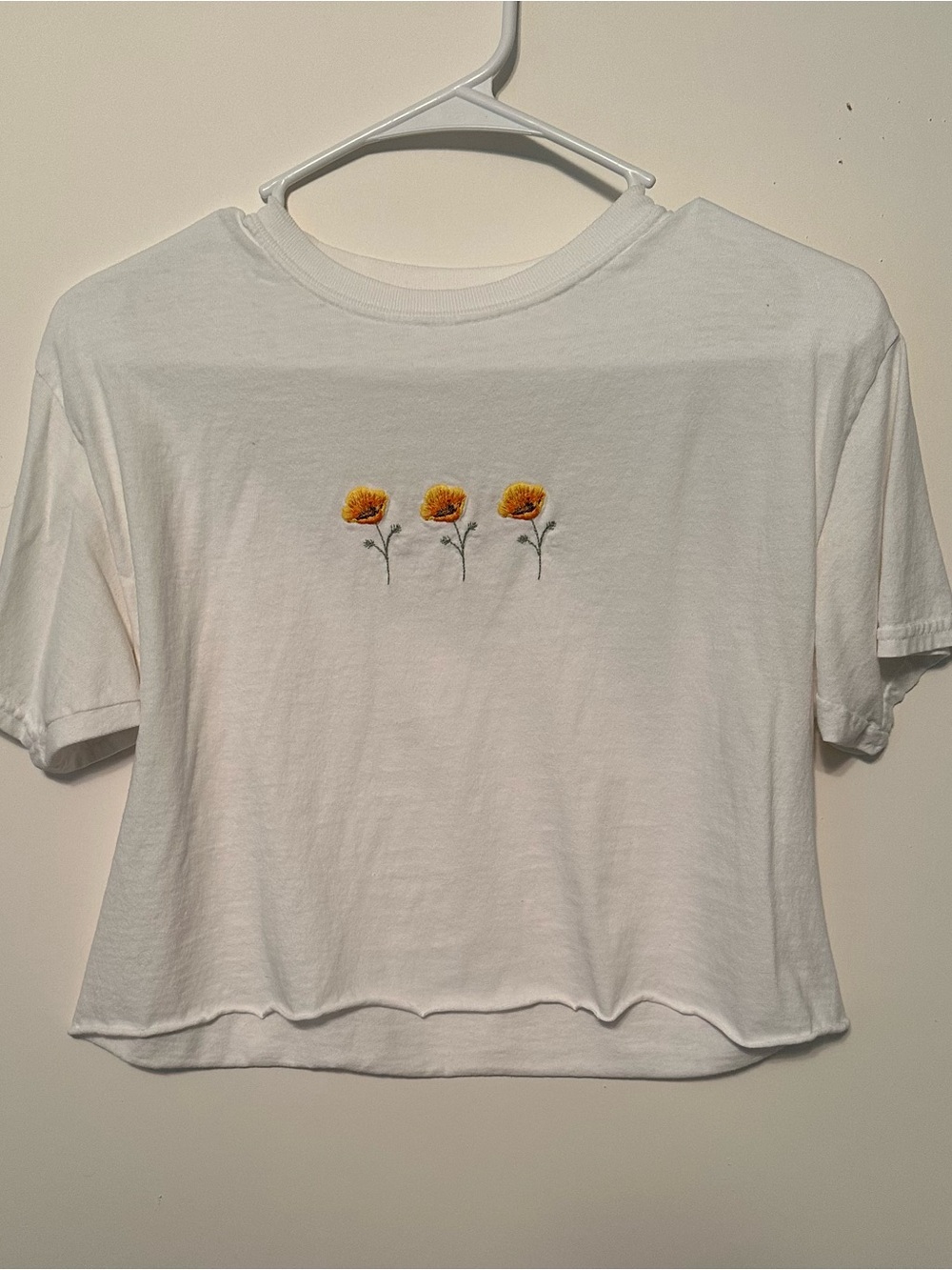 Brandy Melville White Cropped Tee with Yellow Flower Embroidery